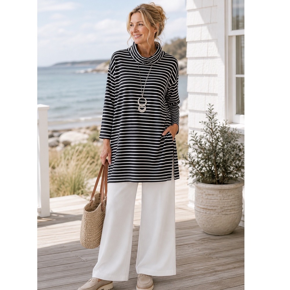 J. Jill Striped Hooded Tunic Dress Navy White XL Tall Long Sleeve Pocketed